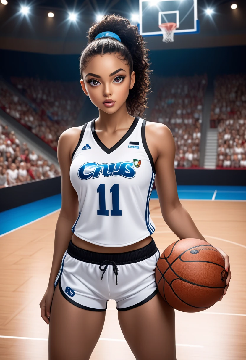 Tall hispanic woman with expressive hazel eyes and long wavy dark brown hair; warm olive skin; hourglass build; ("heart-shaped-face" with full lips); ample bosom; best quality; trending on artstation; dark room with complex volumetric lighting; strong shadows; artistic lighting; dynamic; energetic vibe; realistic skin; specular highlights; micro-textures; highly detailed hair; playing street basketball