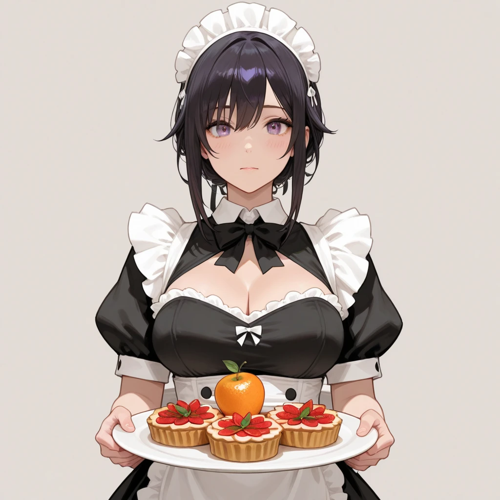 A black-haired girl in a turtle-shaped dress holding a steak plate, white background.