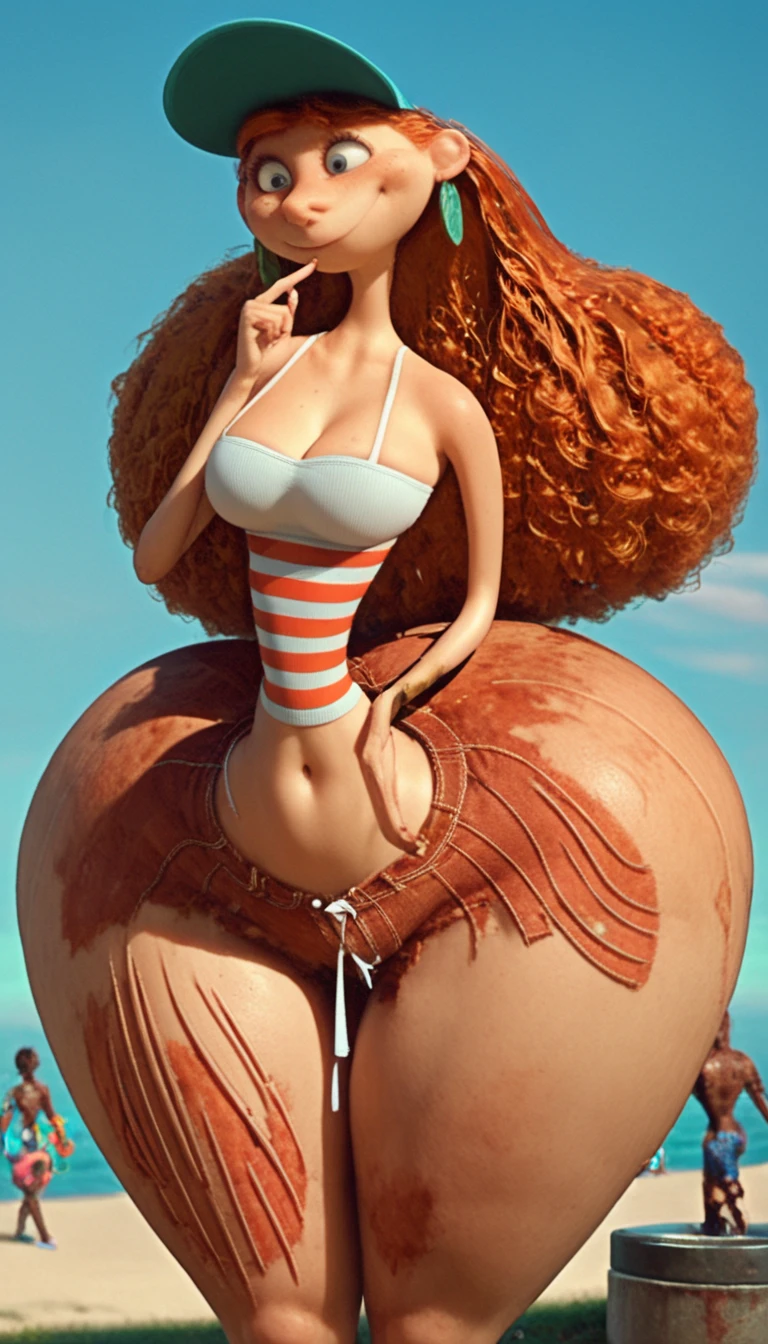 a hyper-realistic, highly detailed, photorealistic, 8K image of an angry woman with massive hips, thick thighs, a hat, and a huge ass, yelling with her hands on her hips, in a POV shot on a beach, with cum on her ass giving a squatting assjob, angry face, turning to face pov, being gangbanged, several penises rubbing on her face
