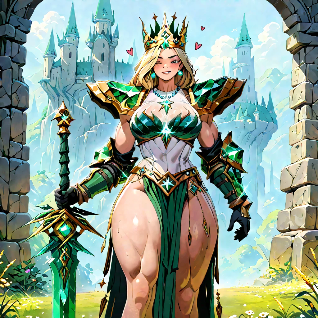 (masterpiece, best quality, high resolution, ((standing full body)), beautiful elf woman, ((huge breasts)) sensual body, pointed ears, very short blonde hair, side locks, fantasy elven armor, elven headdress and fantasy jewelry, elven sword in right hand, left hand elven shield, serious posture