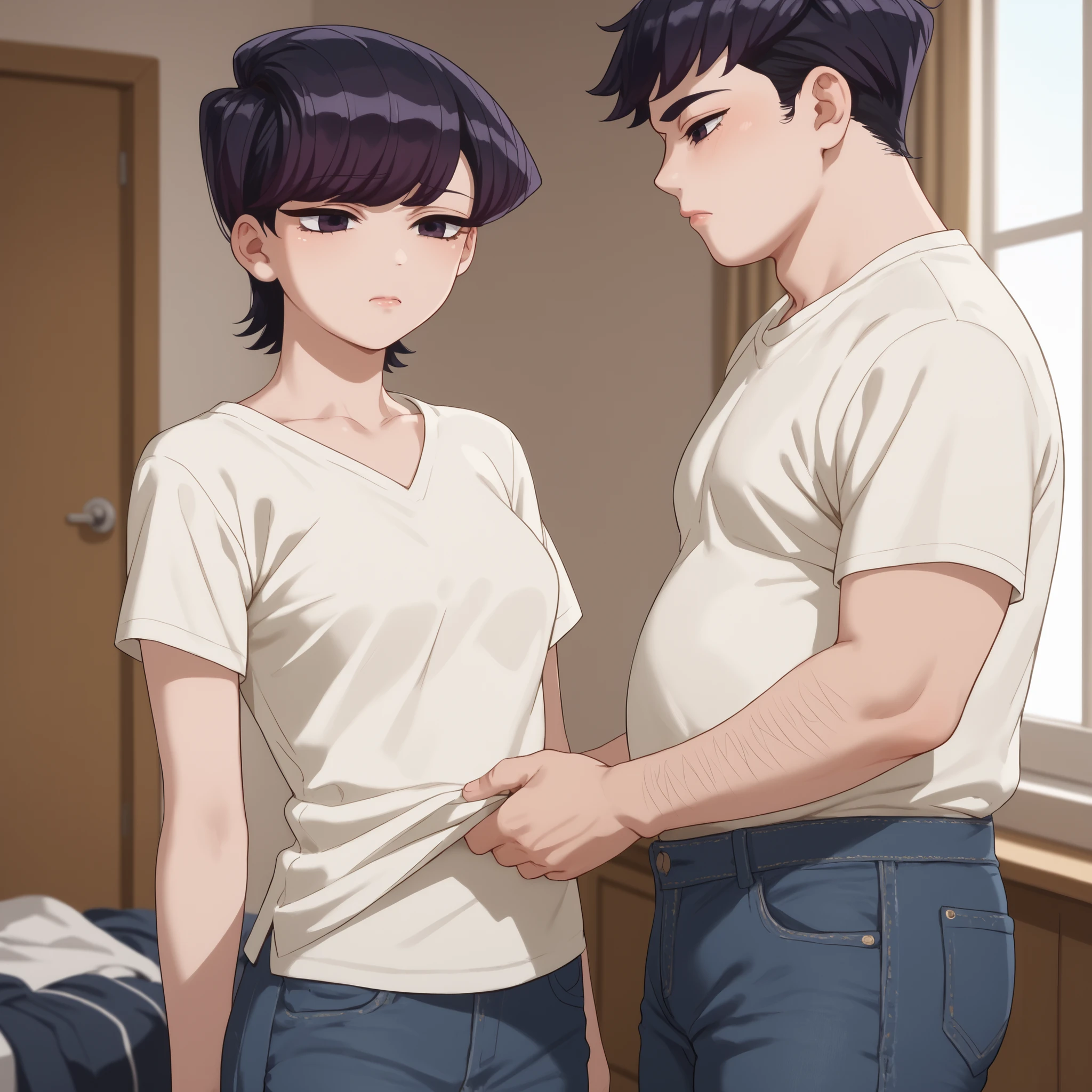 pregnant funny boy with short black hair, blue eyes, purple shirt, white pants, happy