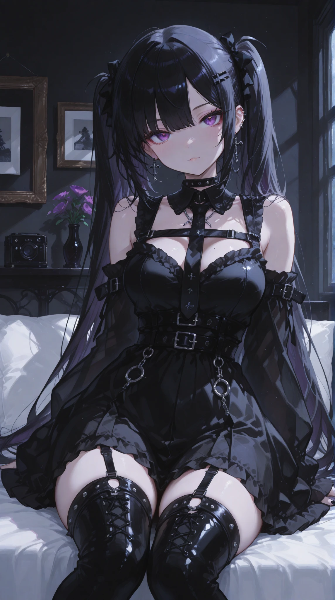 (masterpiece, best quality) detailed, black stockings， silver accessories , zipper unzipped , long black hair ,elegant,  ear ，torn clothes，Developing very well