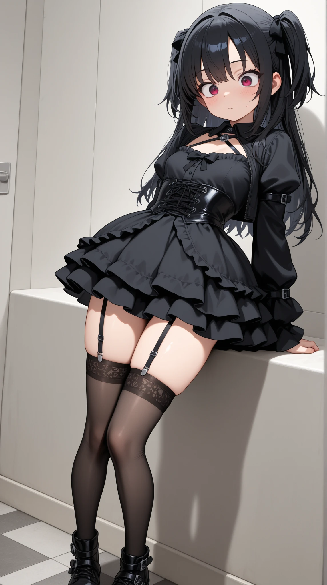 1 girl, bangs, black hair, black stockings, knee-highs, long hair, medium breasts, eyebrow, nose, ear, mouth, lips, reclining, standing, tights, ((women's clothing)), ((long sleeve blouse , short shorts, tight pantyhose)), thick legs, thick thighs, (white background)