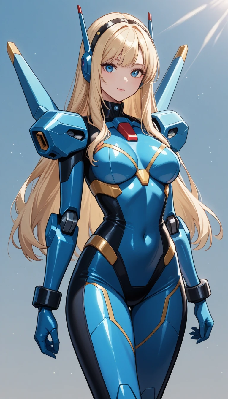 masterpiece, detailed quality, 1girl, solo, simple background, score_9, source_anime, score_8_up, score_7_up, gundam, giant robot, <lora:laplace-nikke-richy-v1_pdxl:.6> laplace, blonde hair, twintails, long hair, blue eyes, small breasts, smug, smile, open mouth, mech in background, mecha, mecha in background, black bodysuit, bandaid, wings