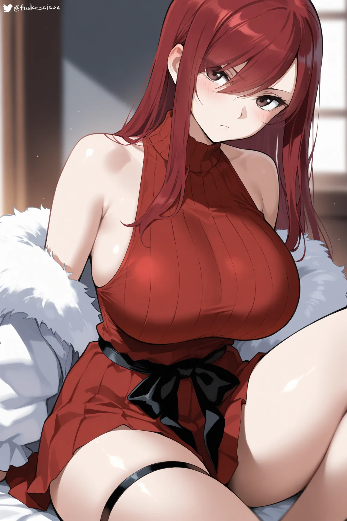 There is a sexy redhead kneeling on the floor looking at the viewer,red lips,blue eyes,one hand on her breast and the other hand between her legs,strong colors,Masterpiece,altamente detalhado,VAMPIRE
