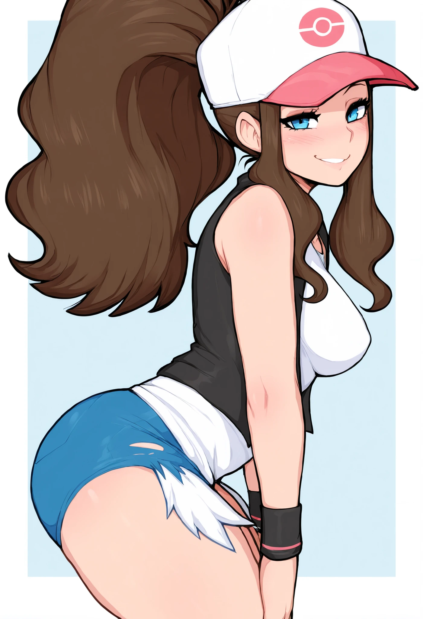 masterpiece, best quality, medium breasts, (curvy), BREAK, zzHilda, blue eyes, long hair, high ponytail, sidelocks, hat, collarbone, white shirt, black vest, sleeveless, wristband, short shorts, denim shorts, exposed pocket, mile, looking at viewer, cowboy shot, leaning forward, side view, seductive smile