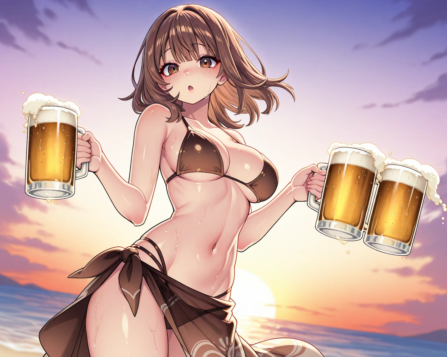 (score_9,score_8_up,score_7_up,score_6_up),masterpiece,best quality, source anime, rating_explicit, (((masterpiece))), (((best quality))), ((ultra-detailed)), ((illustration)), (1girl), (beautiful Japanese woman), (long black hair), (blue eyes), beautiful beach background, (wearing traditional bikini), (detailed face), (perfect anatomy), (detailed lighting front), (serene expression), (minimalist style),(cleavage:1.1), golden hour, (high contrast), blush, confused, vivid color , gold neckless, (drinking beer), ((swetty)), joyful expression