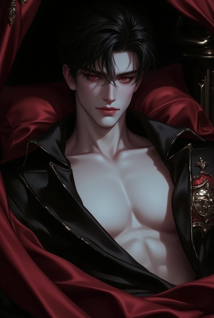 She is wearing a sexy, voluminous black and red cape on her naked body.、Two handsome gay men、Drowning in pleasure、Messy black hair、Disarrayed Cloak、A look of disarrayed pleasure