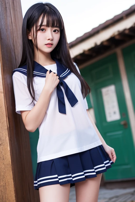 (masterpiece, highest quality:1.2), 8k, official art, RAW photo, incredibly absurd, ( sailor suit, serafuku:1.4), amazing beautiful girl, amazingly cute face, (navy pleated skirt:1.1), close, school uniform, short sleeve, gardenia, violaces, teen, street, looking at the viewer with a smile, no makeup, film grain, chromatic aberration, sharp focus, face light, dynamic lighting, cinematic lighting, detailed eyes and face,short hair、(((white skin without moles)))、 background bokeh、super slim thighs、((Sexy Lace Panties are showing through、beautiful pussy line))、twin tails:1.2,((((A very young looking girl:1.3))))、(very young with big breasts:1.2)