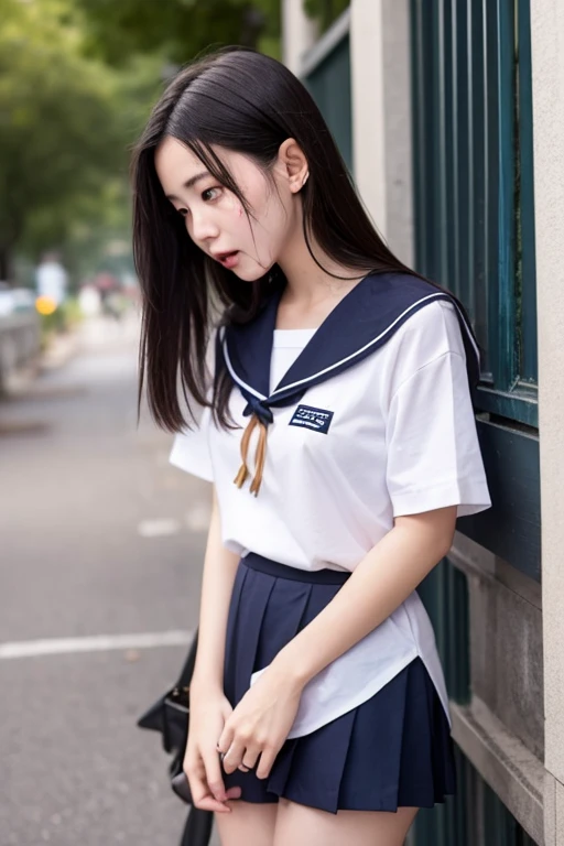 (masterpiece, highest quality:1.2), 8k, Young and beautiful girl, 85mm,Official AR RAW Photos, Baby Face、photo shoot, Cute face, Thighs, Classroom after school, Embarrassing、smile、No makeup, Film Grain, Face Light, Bright lighting,  Detailed face, Background blur、((((((13-year-old female junior high school student))))))、Narrow waist、Sailor suit、Dark blue mini skirt、White tiny panties