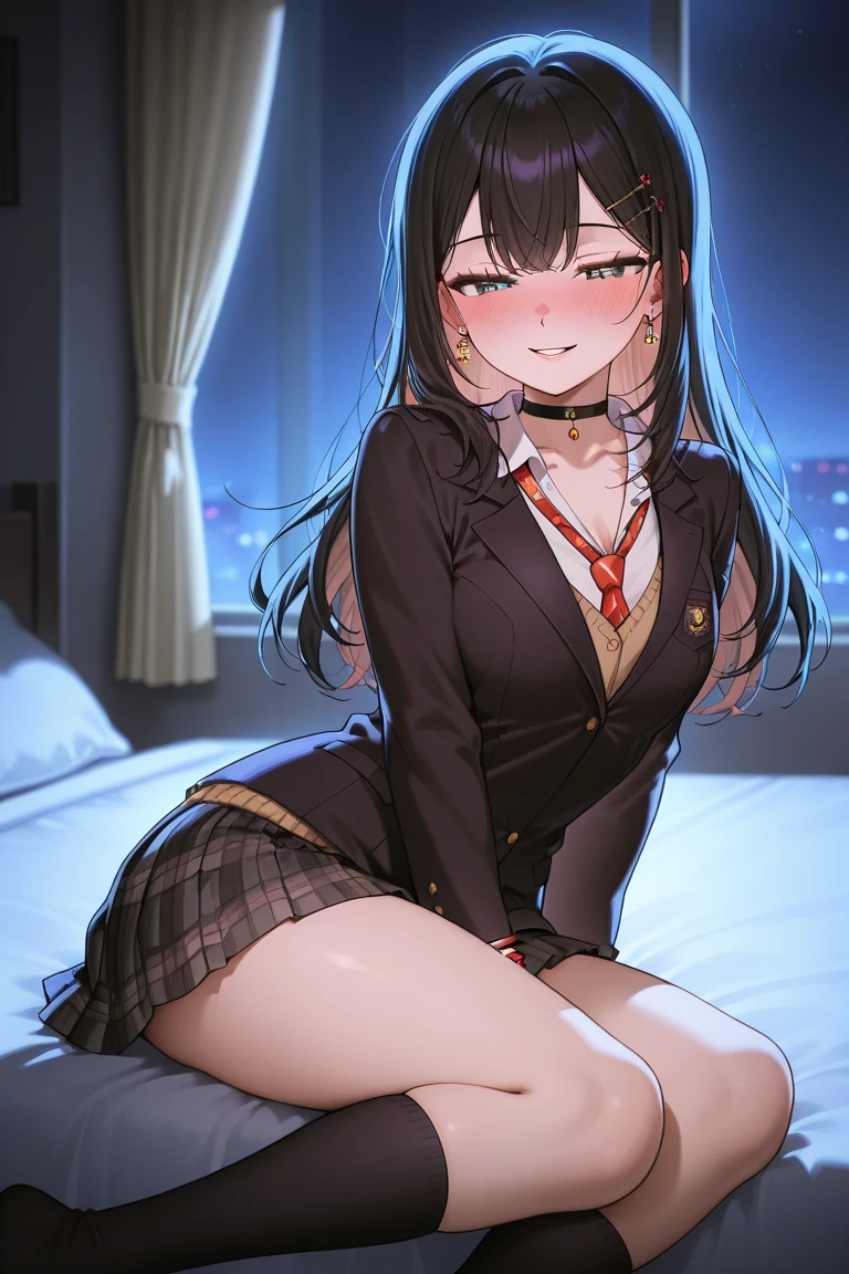 Digital Art, Digital Illustration, Ultra-detailed, beautiful image, Sharp Image, dark skinned girl in a short skirt and a black t-shirtr, shirl tucked into skirt, nylon tights, trending at cgstation, anime barbie doll, trending on cgstation, anime vtuber full body model, ((black hair color)), (((golden eyes))), (16 years old), (round breasts), on bed