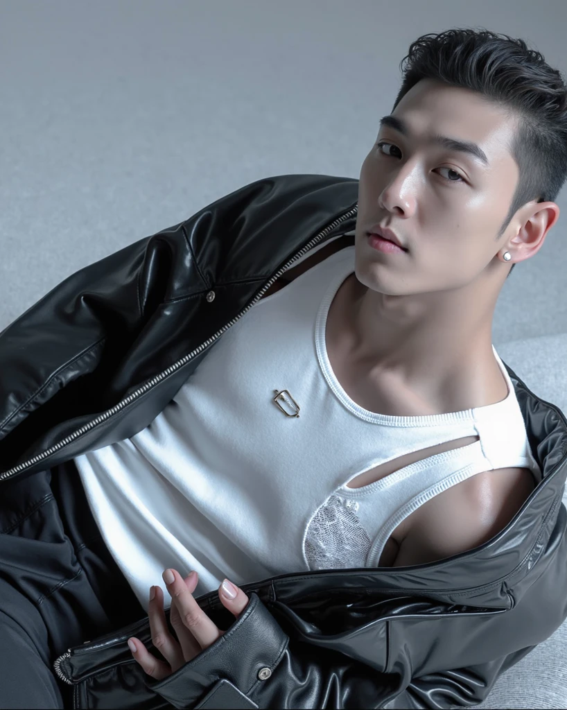 (A asian pretty Boy, cute boy, Nude posing:1.1), (absurdres, realistic, masterpiece:1.2), RAW photo, best quality, 8K,1boy, chinese idol, very handsome, perfect face, Extremely detailed, Practical:1.5, professional photography, Bright colors, Clear focus, young, slender, muscular, slim muscular, (perfect hands, 5 fingers) , Comb-over hairstyle, Black short hair, clear and beautiful detailed eyes, Playful expression, soft skin, detailed skin, spread legs, detailed highlights and shadows, Excellent body proportions, Correct anatomy, male focus, Topless, (white short pants:1.5), Potted plants, flowers, (roof, Skyscraper, balcony:1.1), Glass Wall, Studio Lighting, gentlesunlight, Cinematic Lighting, Warm colors, full-body shot,