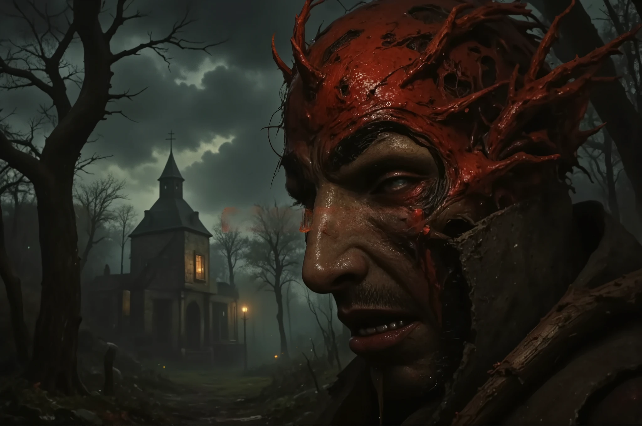 a blood-soaked forest glade and ancient ruins. The ruins. The unsettling atmosphere is liminal, violent, and filled with despair, conveying a detailed, dystopian ambience of decay. A stone building sits in the forest, featuring ancient, overgrown ruins and a messy, blood-stained aftermath of battle. Elements of horror.