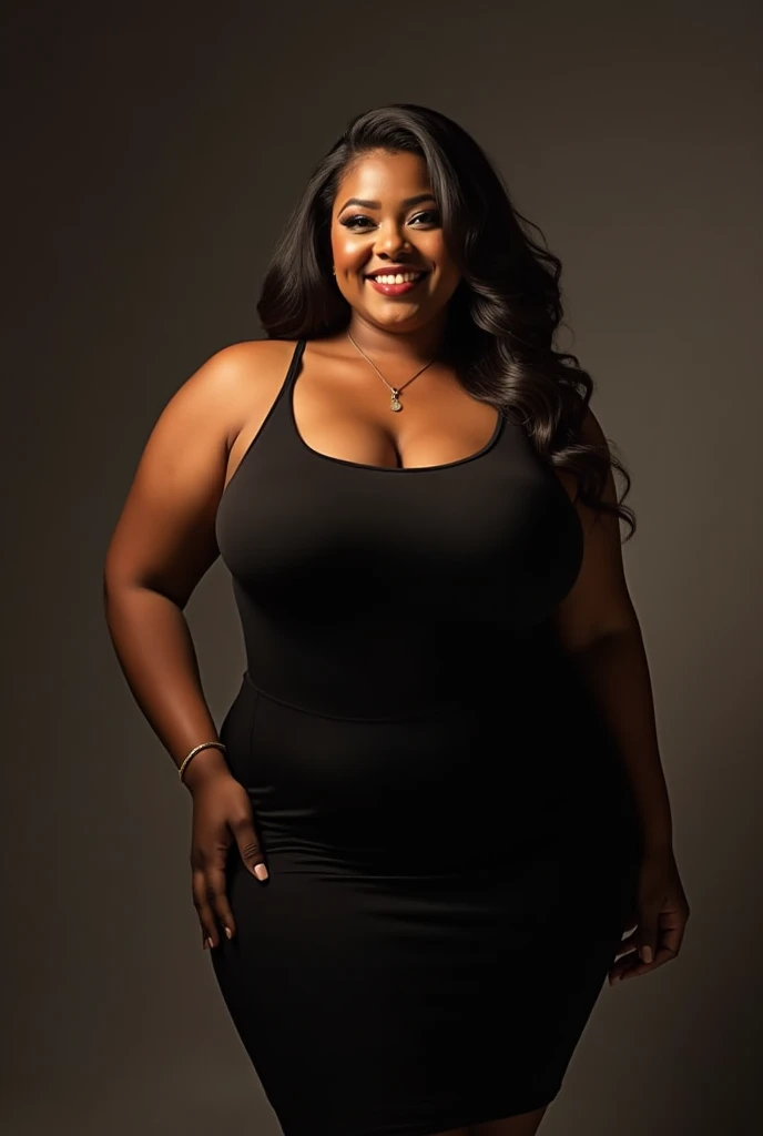 A 5 black African lady with a nice body and a little chubby wearing a black sexy dress, realisitic (HD)