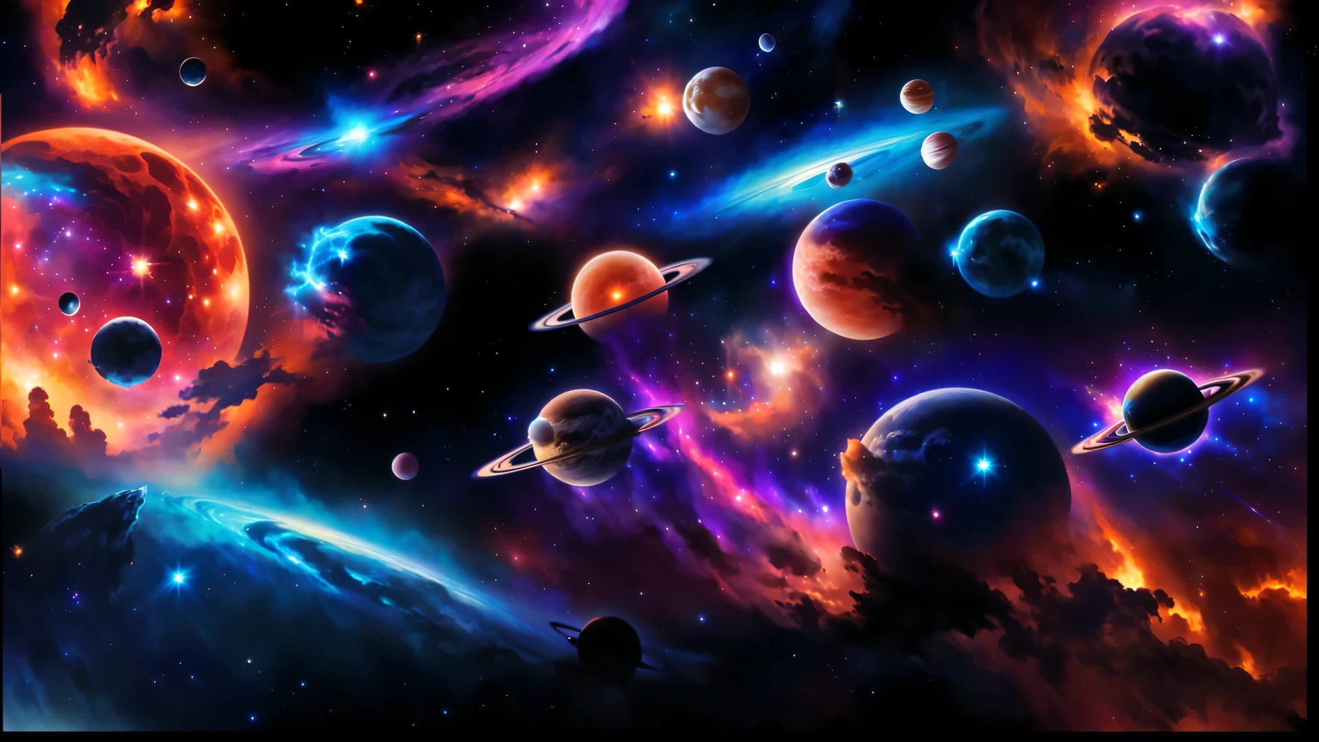 a group of Planetas in the sky with bright lights, cosmic and colorful, space colors, Planets and galaxies , meaning of life in the universe, outer space, cosmic colors, Planetas in the background, dark neon-colored universe, space backround, space, beautiful space, cosmic space, fantasy space, Planetas, in space, colorful galaxy theme colors, Planetas and stars, space art