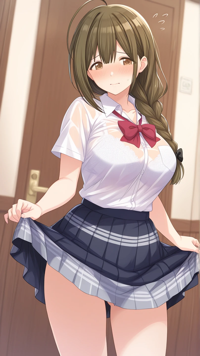 (table top, highest quality, High resolution, , perfect pixel, 4k,), 1 girl, single, alone, Beautiful woman、I could see the whole body、 ((wavy mid hair, bangs, brown hair)), ((brown eyes, beautiful eyelashes, realistic eyes)), ((detailed face, blush:1.2)), ((smooth texture:0.75, realistic texture:0.65, realistic:1.1, Anime CG style)), medium breasts, dynamic angle, perfect body, ((, female teacher, , earrings、necklace、white shirt with collar、Shirts without buttons、Dark blue flared skirt、black knee high stockings、open both legs wide、、shy smile、Sit on the floor、leaning forward)), Upper grade、、、evening、、(You can see the white and pink lace panties and bra、、(Bring your chest and arms together、Lift up your skirt and show your panties、The wind blows up my skirt)、angle from below)、
