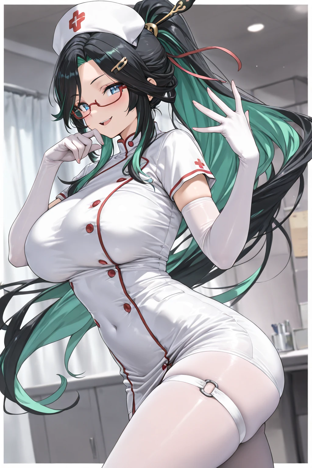 (Masterpiece, Best quality:1.1), akali, ponytail, green eyes, white nurse mask, viewer_pov, nurse, huge breasts, white nurse dress, nurse cap, white skirt, white thighhighs