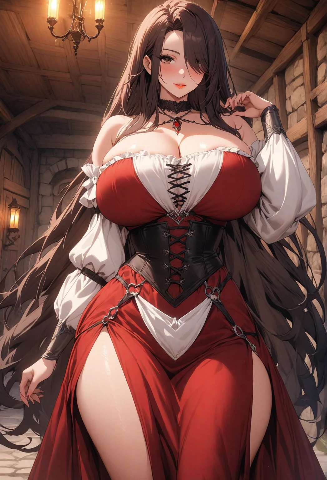 ((masterpiece)), ((best quality)), 1girl, adult, long hair, big bust, ((brown hair)), ((intimidant look)), ((close-up)), profile image, black and red clothes, sexy, dark colors, ((coat with fur)), ((wavy hair)), exposed skin, ((sexy pose)), good anatomy, ((dark sage clothes)), ((straight cut bangs)), emotionless, intimidant, ((beautiful eyes)), dark background, close up, ((detailed eyes)), ((detailed face)), hair bang, frontal look, relaxed, smile, queen, ponytail, violet eyes