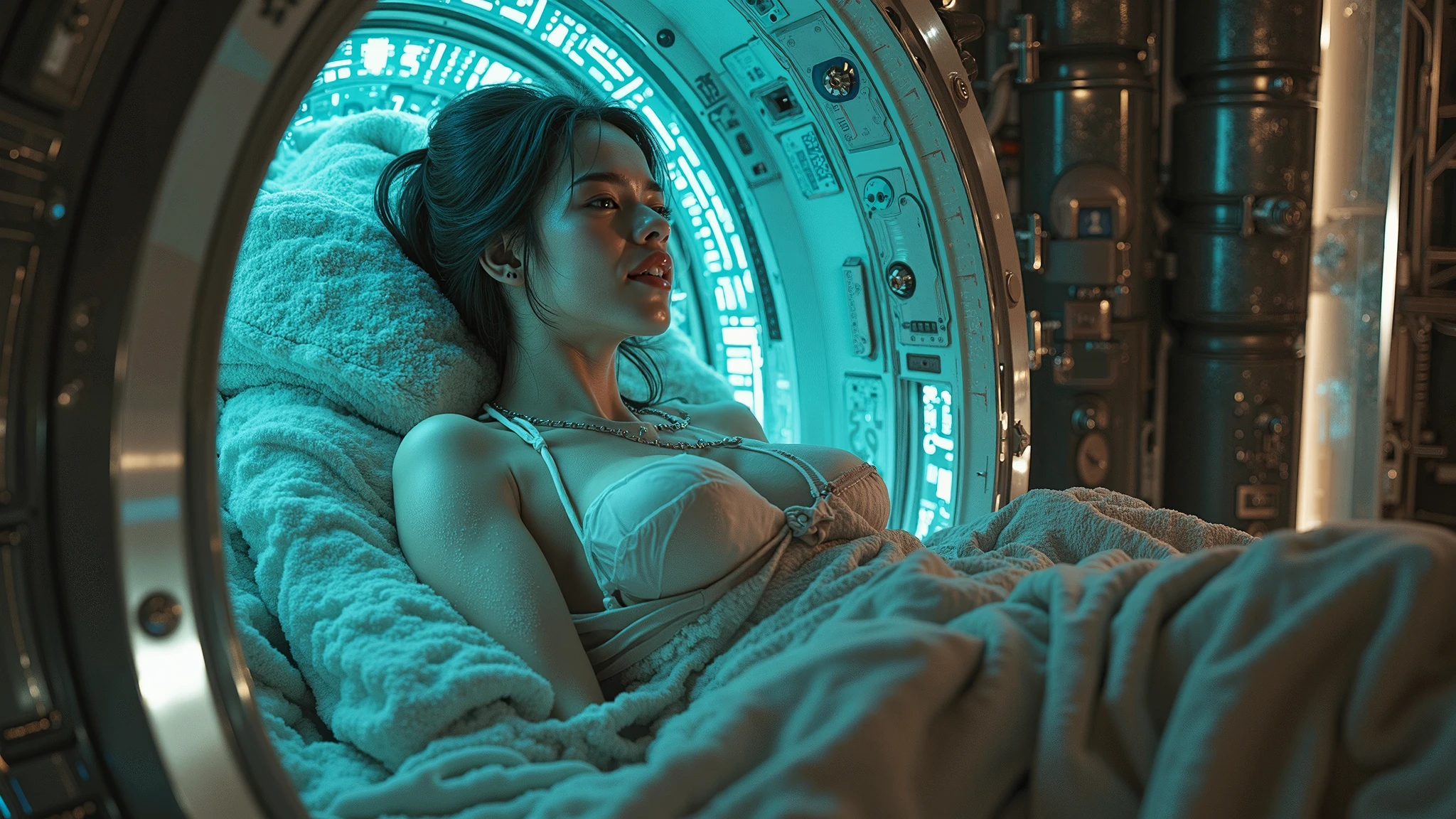 big breasts ,nsfw, 40 year old woman , sexy pose,in love, slight smile , in bed ,big round breasts, naked , space ship enterprise background, open legs