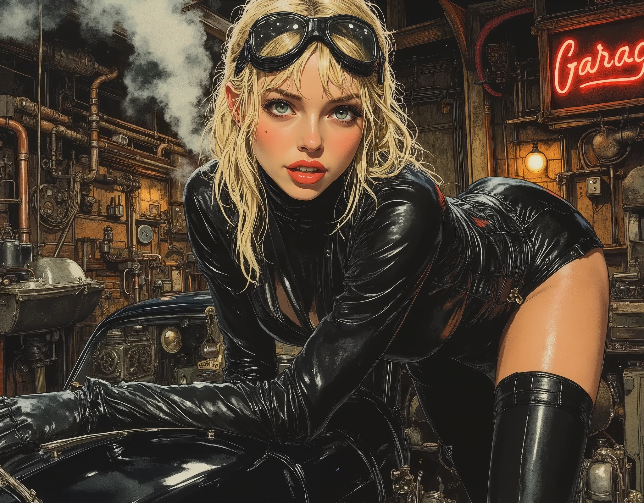 A very detailed poster in the steampunk-cyberpunk-pin-up style. Sexy young blonde mechanic from Europe in a retro futuristic garage. Seductive pose (leaning on the hood of the car).The figure is slightly curved to emphasize femininity. Image: playful, but with a touch of audacity.She's wearing a tight-fitting steampunk-cyberpunk leather jumpsuit and goggles on her forehead. Physique: seductive, emphatically feminine, but with a hint of strength (muscular arms, but smooth curves of the figure). She has dark disheveled hair and a playful smile. Plump, red, shiny lips. Eyes: large, bright, expressive, with false long eyelashes and pale blue iris. A retro-futuristic car with copper pipes, neon lights and a steam is depicted in the background. Neon signs "Garage", "Mechanic's Dream". The garage has old brick walls with wooden beams. Industrial details: gears, wires, glowing signs and smoke. Lighting: contrast – warm lamps (steampunk) + cold neon (cyberpunk).Grunge-style textures (light scratches, scuffs). Pin-up style with elements of cyberpunk and steampunk aesthetics.