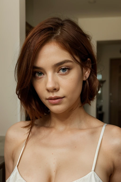 26 year old woman with ginger hair, green eyes, diamond face shape, freckles and gold necklace