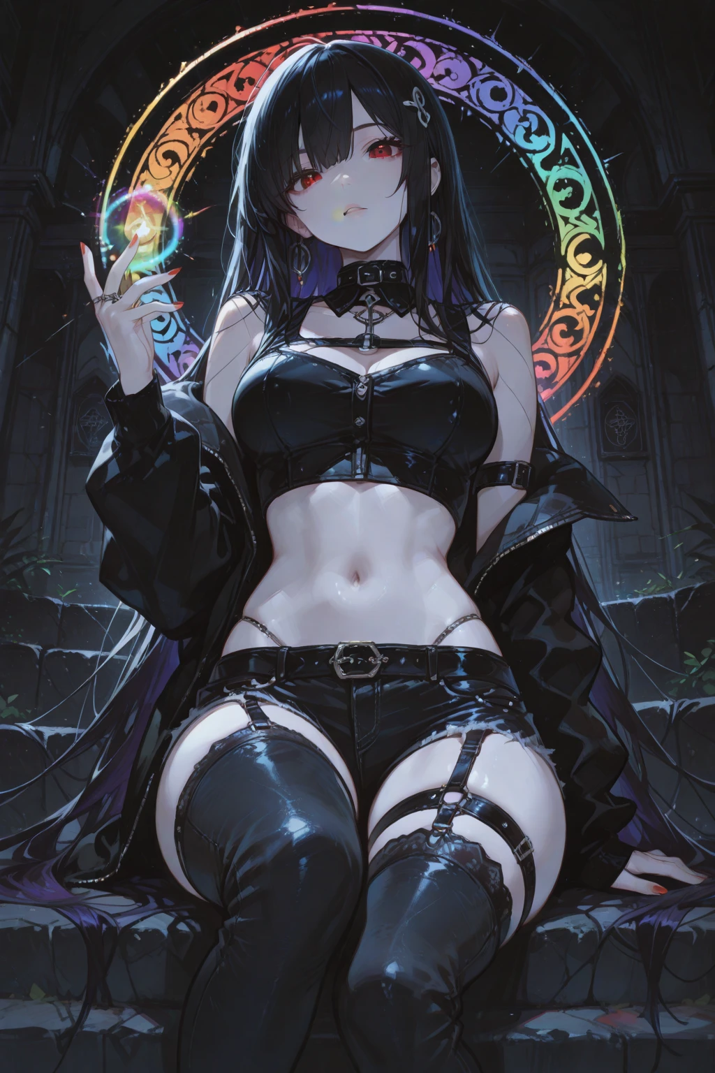 vampire queen, perfect body shape, small breast, battle skirt, (royal cape:1.1), main color is matte black, secondary color is purple, sexy and devil aura, original character, masterpieces, seducing purple pupil, (multi color high pony tail 1:1.2), walking under blood moon and middle of the destroyed city street, purple gem accessories, golden belt, golden necklace, windy and evil effect, soft moon light focus, corruption, extremely delicate and beautiful eyes, messy bang, unique crown, league of legend arts