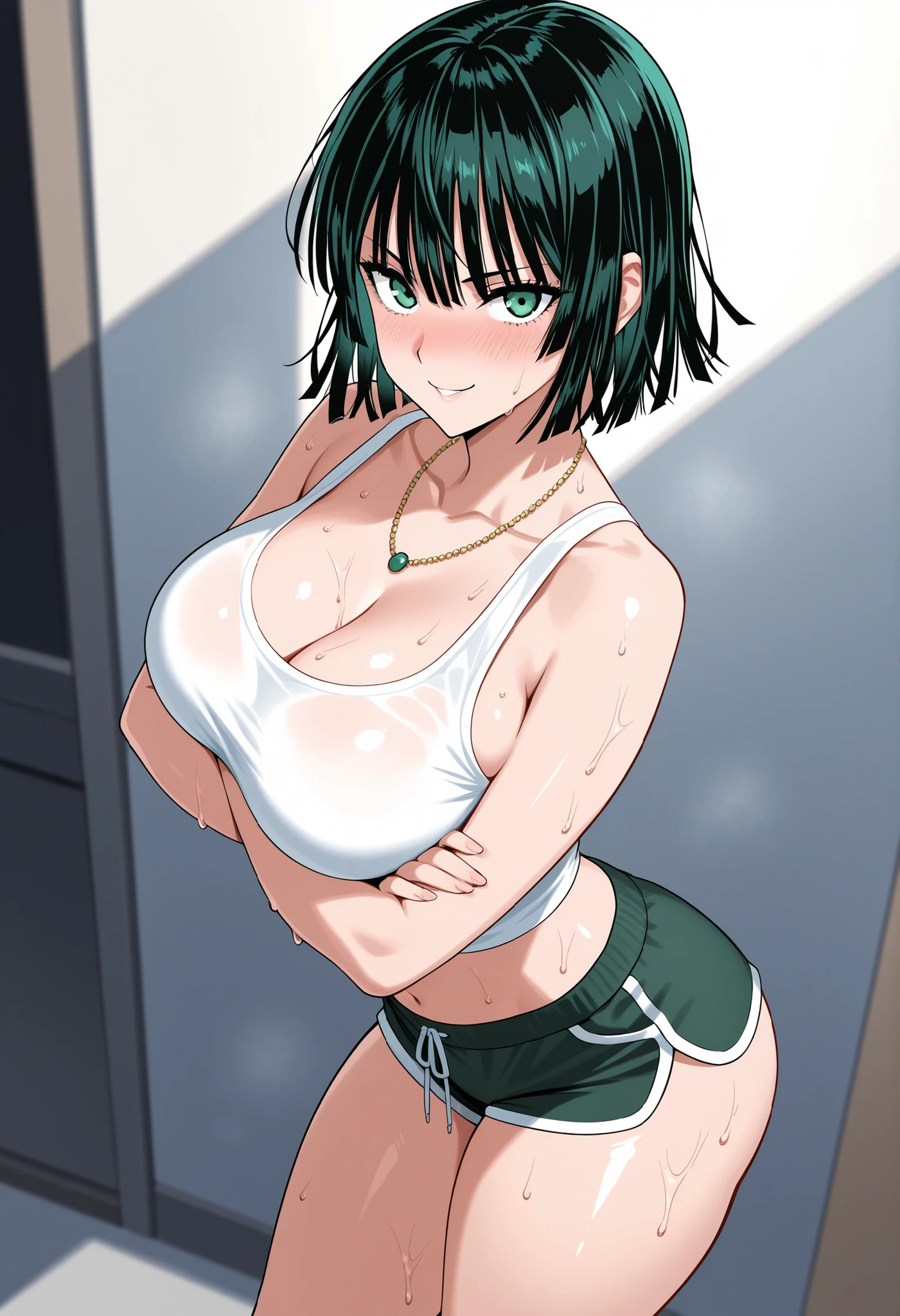 1girl, Fubuki, One Punch Man, breasts, solo, pasties, hair, big breasts, eyes, high thin line micro panties, underwear, navel, thin micro thong panties, short hair, black panties, high legs, open clothes, Thick thighs, looking at viewer, bedroom bottom, bandaid, bandaids_in_nipples, covered nipples, thong, lab coat , no_bra, areola_slip