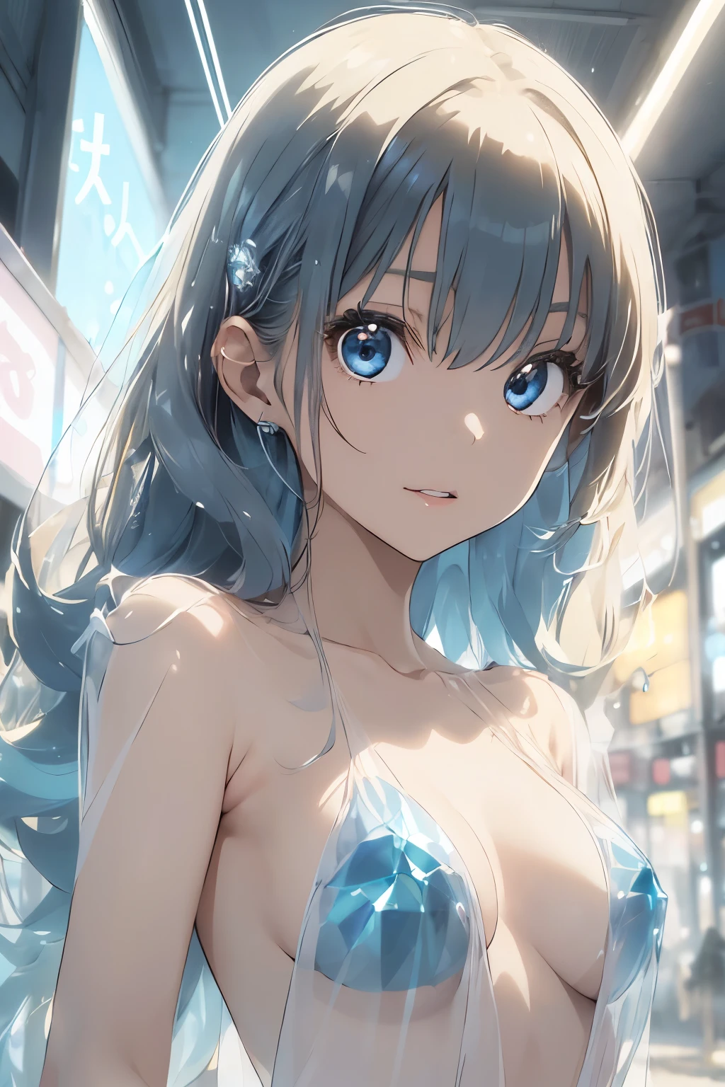 ((masterpiece:0), best quality, very aesthetic, newest, absurdres, detailed, high quality)
BREAK
highest quality, top quality, details, highres, ultra fine painting, digital art, official art, cinematic, 4k, 8k resolution, 8K CG wallpaper, CG, original artwork, detailed background, colorful background, blue atmosphere, High Dynamic Range, blurry background, blue hour, Starburst effects, crepuscular rays, good ISO, high resolution, wide shot, from far away, RAW photo, POV, sharp focus, light reflection, reflections, intricate details, soft light, particle noise, professional photography, bokeh, depth of field, natural lighting, vibrant colors, looking away, detailed lights and shadows, stylish, ultra-detailed, top rated on Pixiv, trending on Artstation, niji style, modern-days, master crafted, pose
BREAK
solo, 1girl, pale skin, correct fingers, detailed hand, (big breasts:1.2), tight breasts, big thighs, small torso, short body, flushtered, blush, anxious expression, casual, slim, ((cute, childlike face):1.3), nice hips, nice body, brown hair, (very long flowing hair, (big 2 buns hairstyle)), long bangs, long hair, middle hair bangs, brown eyes
BREAK
((naked:1.3))
BREAK
a person walking down a street with a crowd of people, crowded street, crowded streets, in front of a large crowd, giant crowd, girl walking through city, people walking down a street