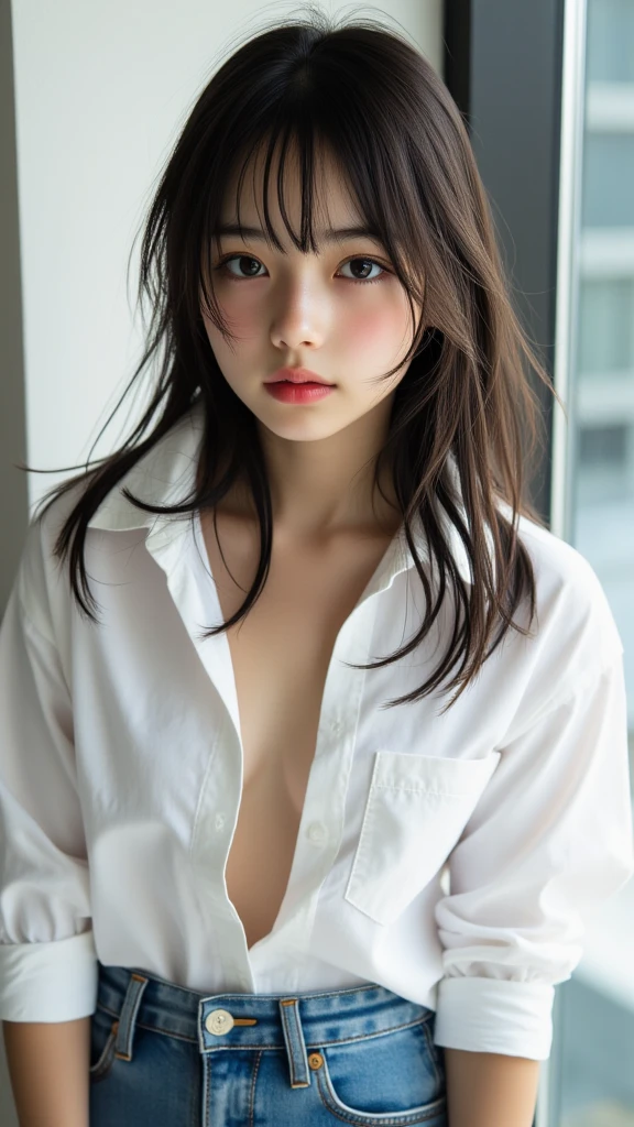 absurdres, (masterpiece, best quality), (ultra-detailed), extremely detailed,super high resolution, (Top Quality photorealistic Illustration), (Super Definition), (best quality,masterpiece:1.0),(cute illustration:1.3), (high Saturation:1.2), highres, ultra-detailed, 32k,8k resolution, intricate details, cinematic scene, detailed background, Soar (High chroma),(Sparkling),bathroom, BREAK (1 girl) ,(round face:1.6), (baby face:1.6), (kawaii:1.6), (cute:1.6), (loli face:1.6), Beautiful and delicate eyes, Delicate and beautiful face, Facial accents, Perfect figure,(open shirt:1.6), (show off nipples:1.6), (exposing bare breasts:1.3), (exposed chest:1.3), (medium breasts:1.3),,Uniforms、bright expression、poneyTail、Young shiny shiny white shiny skin、Best Looks、Natural black hair with dazzling highlights、shiny light hair,、Super long silky straight hair、Beautiful bangs that shine、Double eyelids、eye liner、Glowing crystal clear attractive big brown eyes、Very beautiful nice cute 14 year old Nordic girl、