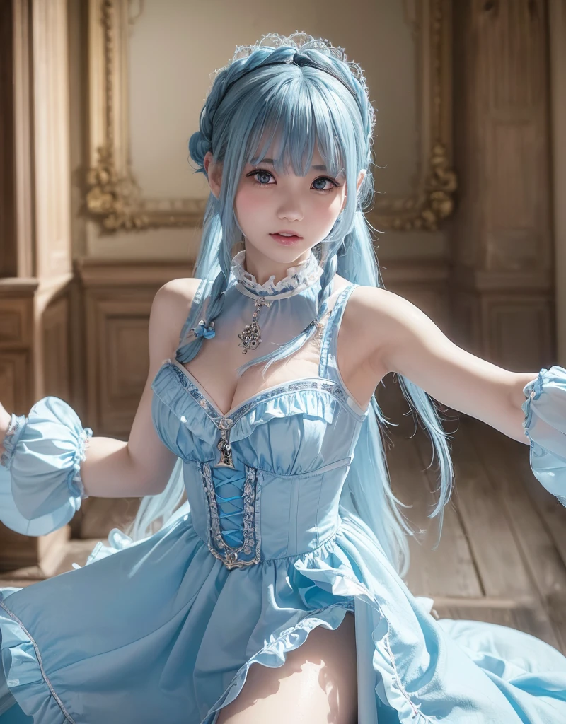 Seaside: 1.3, Cinema Lighting, Glitter, Light of God, Full Body Photo (from above), 16K, 8K, High Quality, Award-Award-Winning Award-Winning Skin, Best Quality, Textured Skin, A Girl (Mature Female), Maid Costume (Light Blue and White: 1.3), Hair Flower, Hair Bow, Lolita Headband, Heart-shaped Pupils, Glowing Eyes, Smile (Blush), Accurate Hand 1.3 (Right Hand, Delicate Hand), Right Hand Scissors (Light Blue, Clear Polymer), Left Finger Forward, Doll Tied Around the Waist: 1.3,