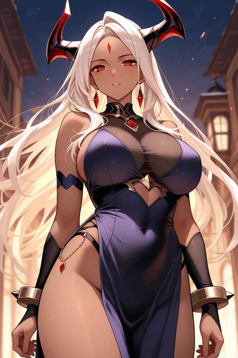 Perfect masterpiece, EXTREMELY DETAILED UNITY 8K UHD CG QUALITY RESOLUTION, CRU photo, photorrealistic, PERFECT PHOTOGENIC CLARITY, offcial art, award-winning portrait, offcial art, (cr33pyan1m3styl3, nasty, eyeballs, horor (theme):1.3) The most beautiful and sexy vampire goddess, oni horns, very long platinum white hair, vibrant red eyeballs, Long, detailed lashes, blushful, pink lips pouting, curvy body type, full hips, Super huge enormously gigantic boobs, cleavage showing, gigantic explosion of her kimono, tons of tattoos and piercings, wearing the most beautiful and detailed hooded Harajuku-inspired kimono, arching her back in a sexy and seductive slutty pose, gazing at viewer, full - length portrait, cowboy shot, sexy facial expression, seductive and slutty, cherry blossoms blowing in the wind, dreamy atmospheric aesthetic background splashed with blood