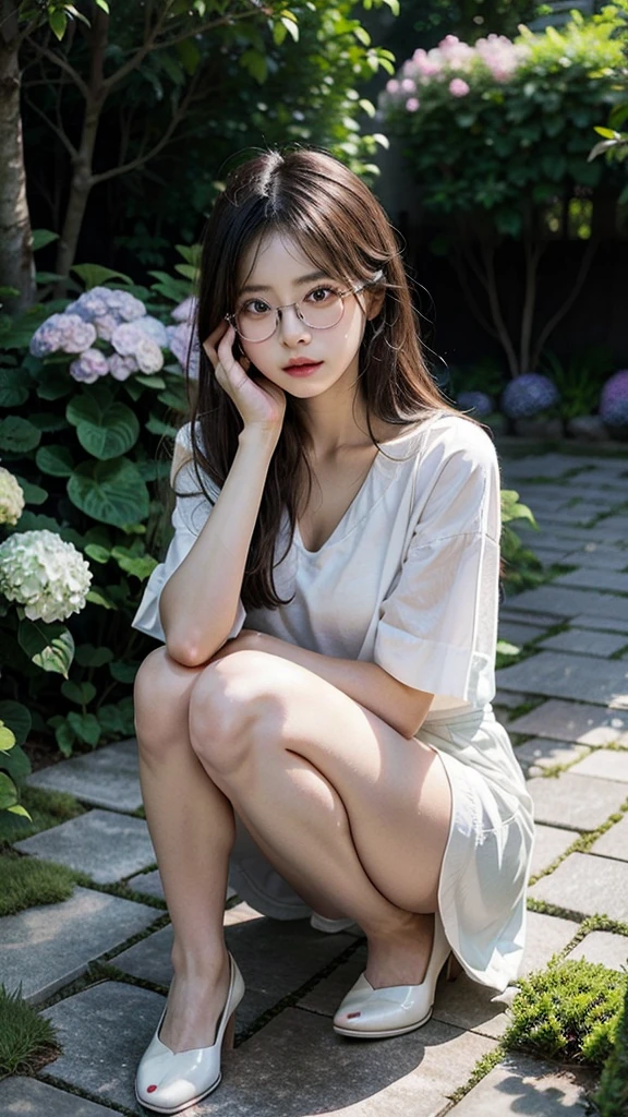 Highest quality、masterpiece、High sensitivity、High resolution、Detailed Description、Slender women、Glasses、Summer clothes、Sit down、Cross your legs、