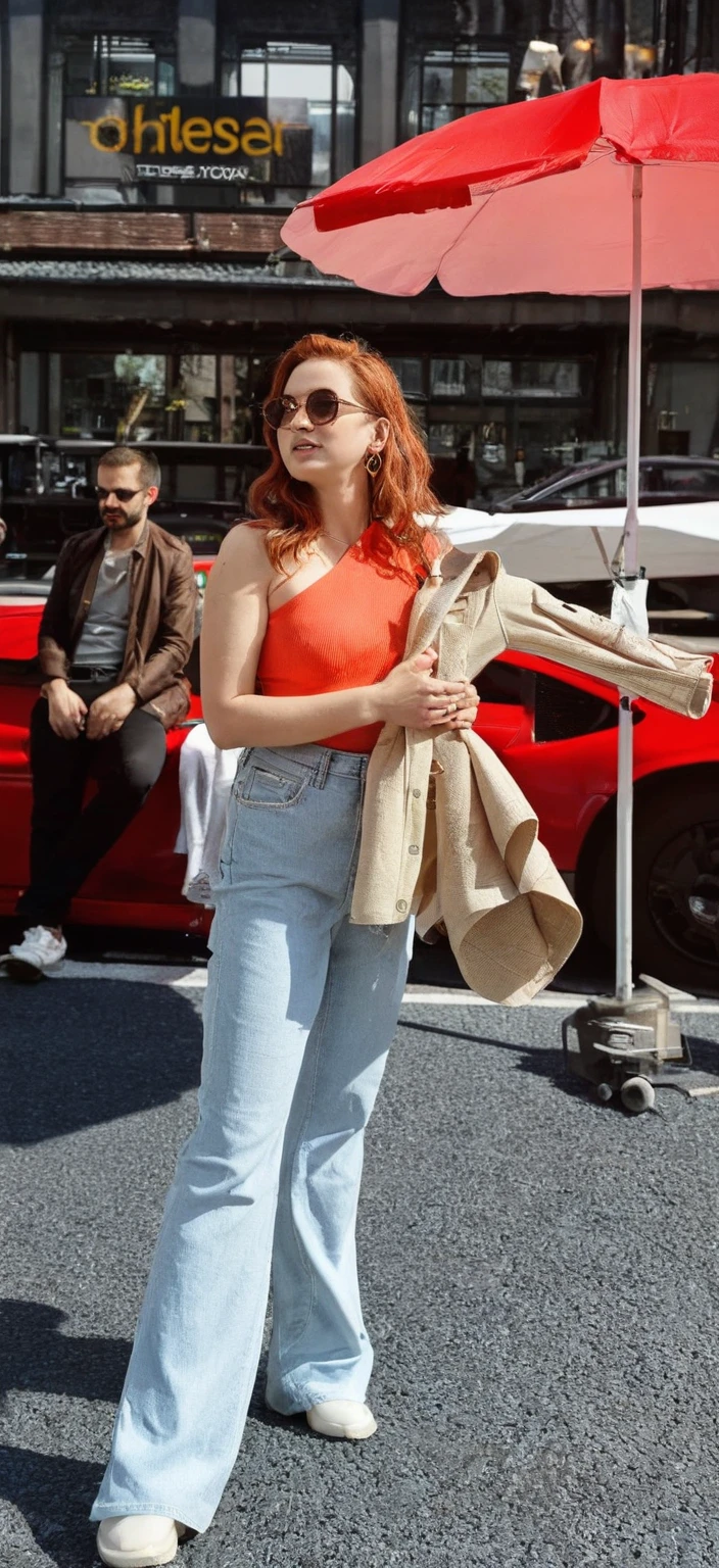 woman, pants. Emma Ruby, resplendently dressed in a pair of stylishly patterned pants, confidently strode through the crowded city streets, effortlessly commanding attention as she gracefully maneuvered between the vibrant hustle and bustling chaos around her. <lora:klgihl18e00f5fb6ai122:1>