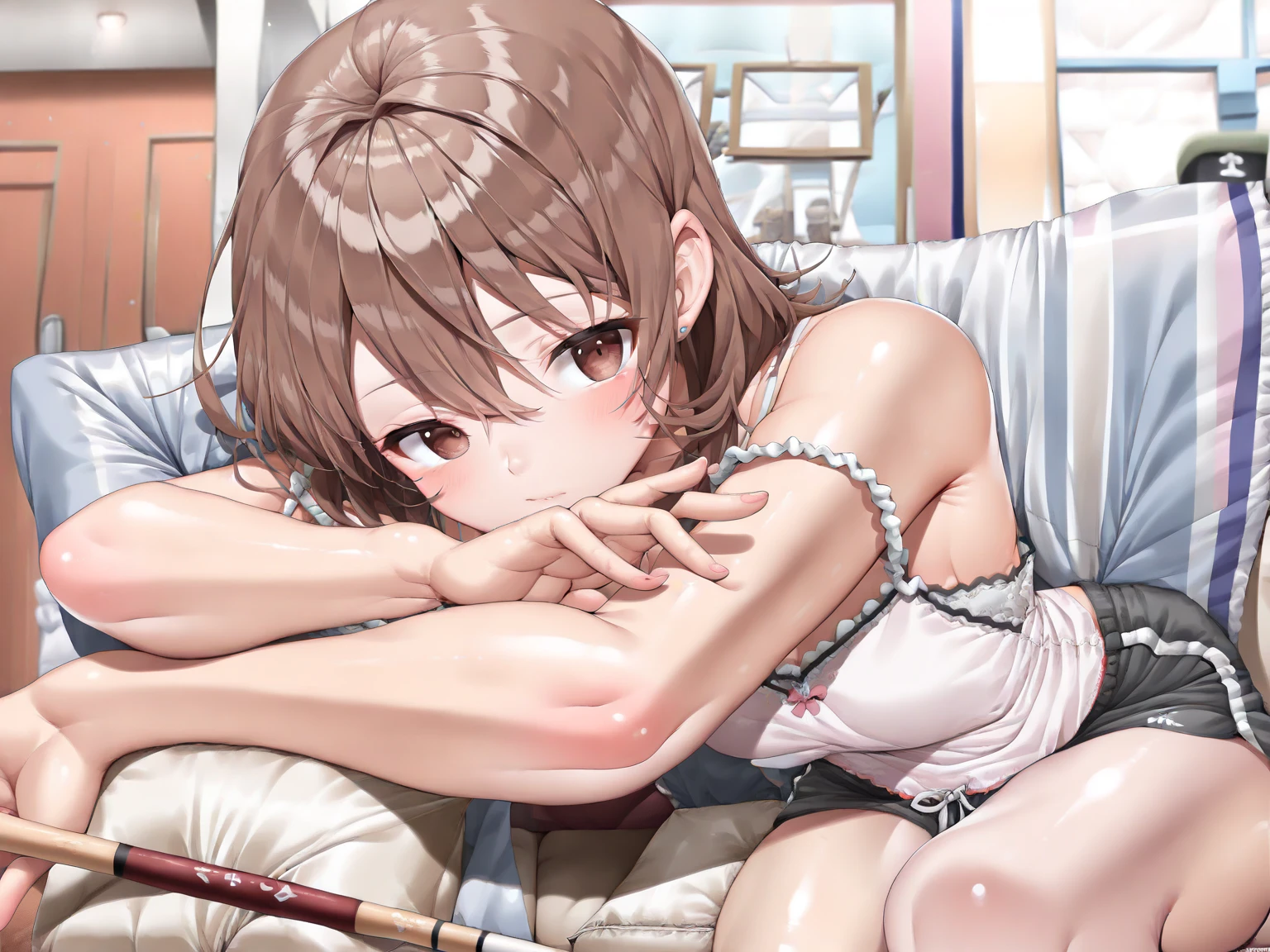 misaka_mikoto AND ((super detailed)), A Certain Science, V-shaped eyebrows, short hair, brown hair, yellow hair clip, brown eyes, small breasts, orange underwear, realistic bedroom, (wet breasts), (small breasts), (ruffled underwear), ((fancy underwear)), (sheer underwear), ((touching chest)), ((girl)), (small breasts), (soft skin), realistic bedroom, a certain science, short hair, brown hair, brown hair, yellow hair clip, brown eyes, small breasts, orange underwear, ruffled underwear, delicately decorated underwear, embarrassed face, angry face, 16 years old, 160cm, solo, crawling on all fours, angle from above
