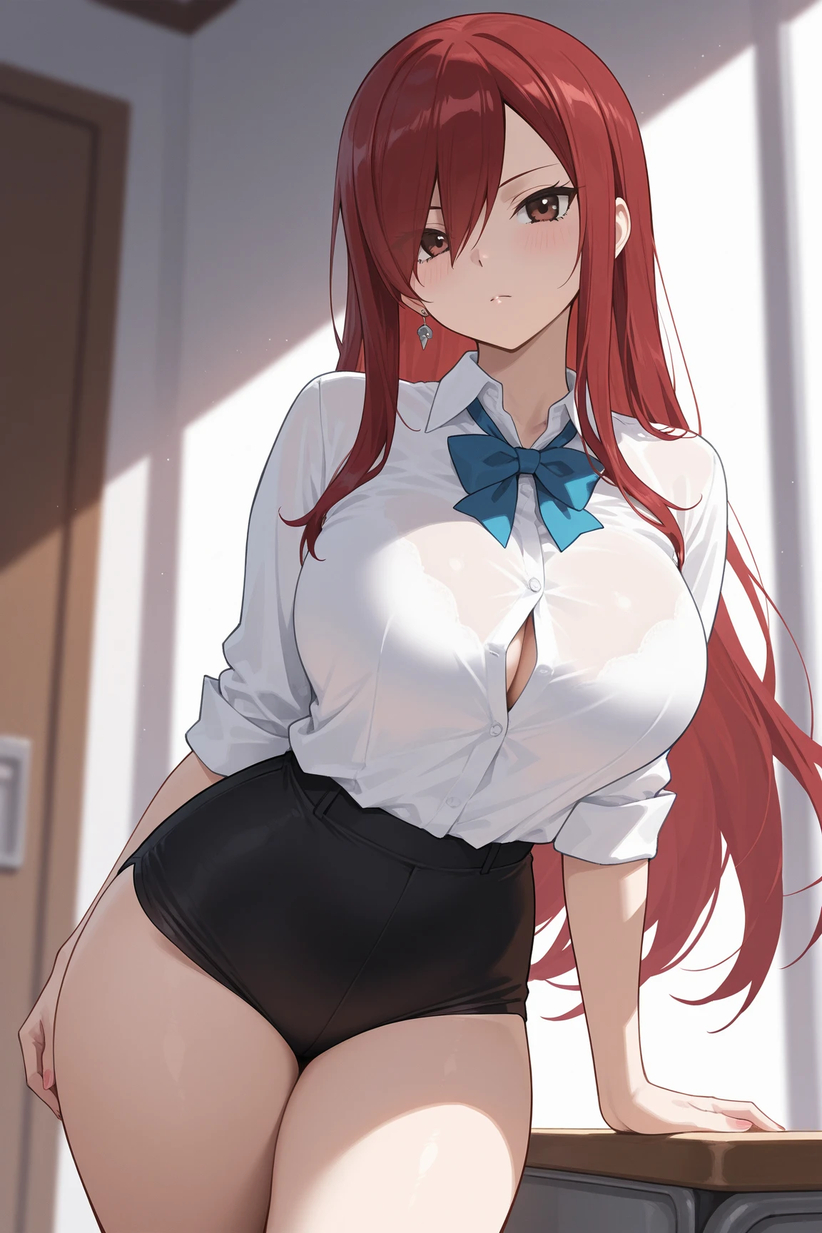 masterpiece, best quality, very aesthetic, absurdres, newest,1girl,naked_shirt, pussy_hair, ,terumi_mei, naruto_(series), naruto_shippuuden, 1girl, Brownish_Red_Hair, hair_over_one_eye, large_breasts, high ponytail,long_hair, very_long_hair,,,in school, in college