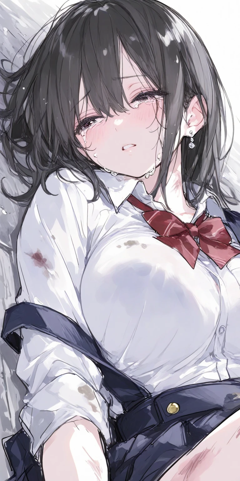 heart-shaped pupils,(sfw), (Masterpiece:1.2), Best Quality, Masterpiece, high resolution, Original, extremely detailed wallpaper, (ultra detailed), (best illustration), (best shadow), (kobeni), big breasts, perky breasts, (White collared shirt), (Bloodstain:1.1), (horrified:1.2), (black tie), (Shirt stain), (stained), 1 girl, looking at the viewer, (scared:1.2), (tears:1.1), (Brown eyes), (peace sign),language out, language, heart-shaped pupils