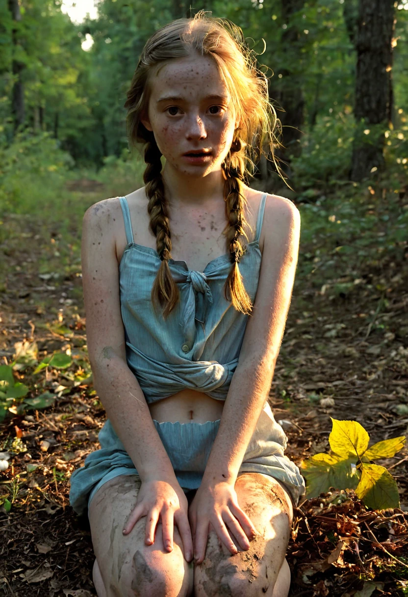 little redhead girl with two braids and freckles in the middle of a forest next to a little fox