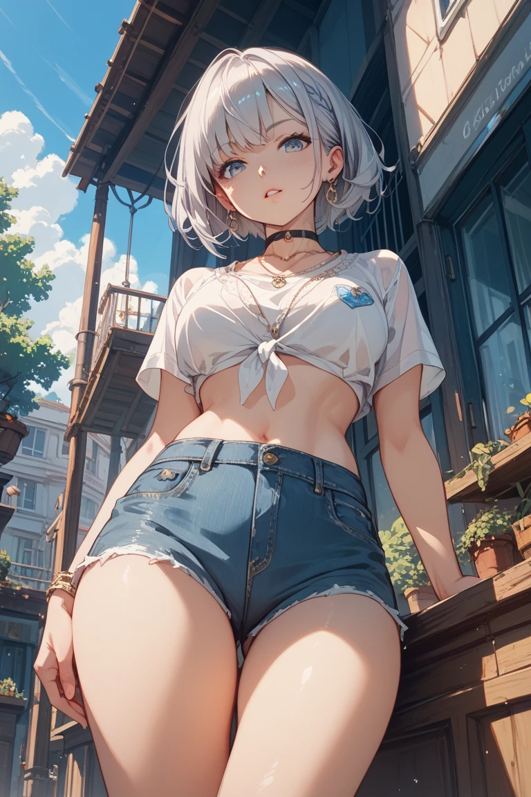 realistic image, coherent image, detailed image, 1 beautiful girl. She has short, white hair. Her eyes are blue, long eyelashes. Her face is oval and delicate, smiling. She is wearing a long-sleeved off-the-shoulder t-shirt, showing her navel, ripped shorts, and mid-thigh stockings. She has a curvy body, medium breasts, thick thighs. sexy pose. Background of destroyed buildings, surrounded by nature, natural lighting, volumetric lighting,