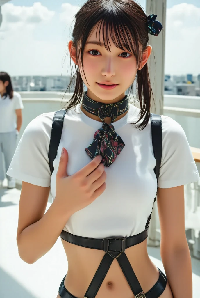,smile,Complex background punk, , Futuristic, Post-apocalyptic, dark, 薄dark光, ((masterpiece, Highest quality, )),(((Nipples exposed through the gap in her clothes))),,(((Small nipples))),(((Small areola)))(((Six Pack Abs))),(((Nipple details)))、Sweaty、