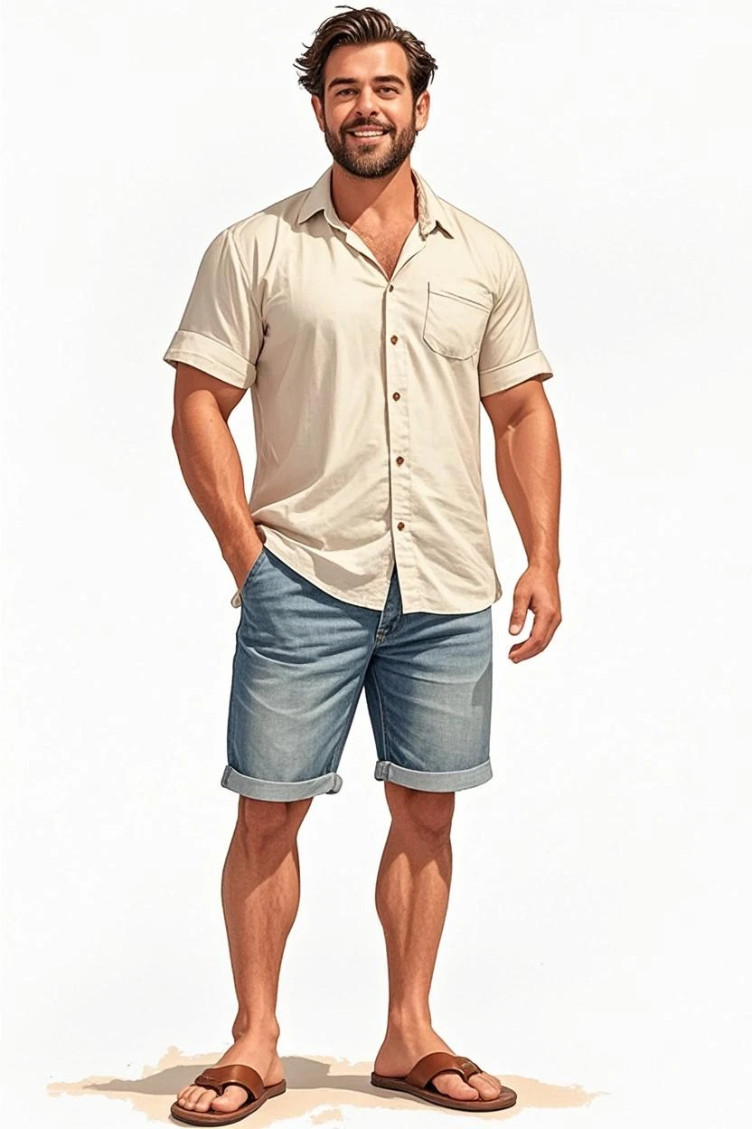 An illustrated movie poster, hand-drawn, full color, a man, 28 years-old, wearing a polo shirt and chino shorts, resembles Gavin Leatherwood, sun-tanned skin, stocky physique, soft belly, slightly chubby, deep brown eyes, wide bulbous nose, black hair, curly hair, thick bushy eyebrows, extremely hairy chest, stomach, and arms, lots of body hair, posing on a pedestal, hard shadows, graphite shading, stencil markings, airbrushed acrylic paint, masterpiece
