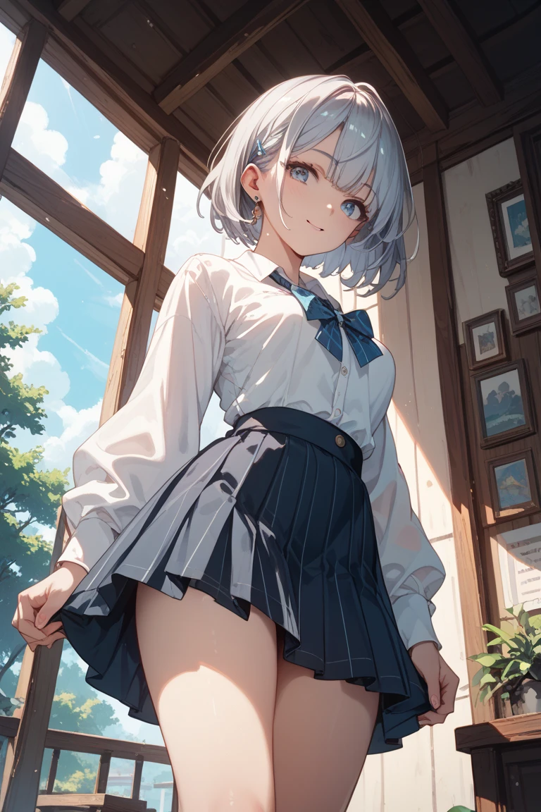 Silver-haired blue eyes、 girl、Small breasts、Twin tails、Laughter、Nico Nico Smile、Wink、 girl、Looks about 15 years old、Petan Musume、short、There are highlights in the eyes、Gal-like appearance、Wearing piercings、She leans forward and seduces、Sexy short sleeve outfit、mini skirt、Her panties are visible through her skirt、It's very hot and I'm sweating