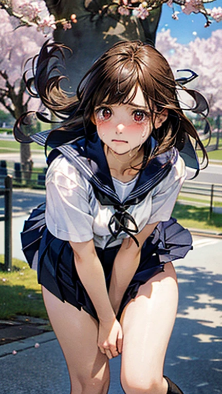 (masterpiece:1.2, top-quality), (realistic, photorealistic:1.4), beautiful illustration, (natural side lighting, movie lighting), nsfw, 
looking at viewer, 1 girl, japanese, high school girl, perfect face, cute and symmetrical face, shiny skin, 
(middle hair:1.5, (two side up:1.2), grey purple hair), hair between eyes, slant eyes, purple eyes, long eye lasher, (medium breasts), slender, dark red hair ribbon, 
beautiful hair, beautiful face, beautiful detailed eyes, beautiful clavicle, beautiful body, beautiful chest, beautiful thigh, beautiful legs, beautiful fingers, 
((detailed cloth texture, long sleeves light brown sailor suit, navy blue pleated skirt, navy blue sailor collar, red sailor scarf)), 
(beautiful scenery), evening, (train station), squatting, head tilt, (lovely smile, open mouse), 