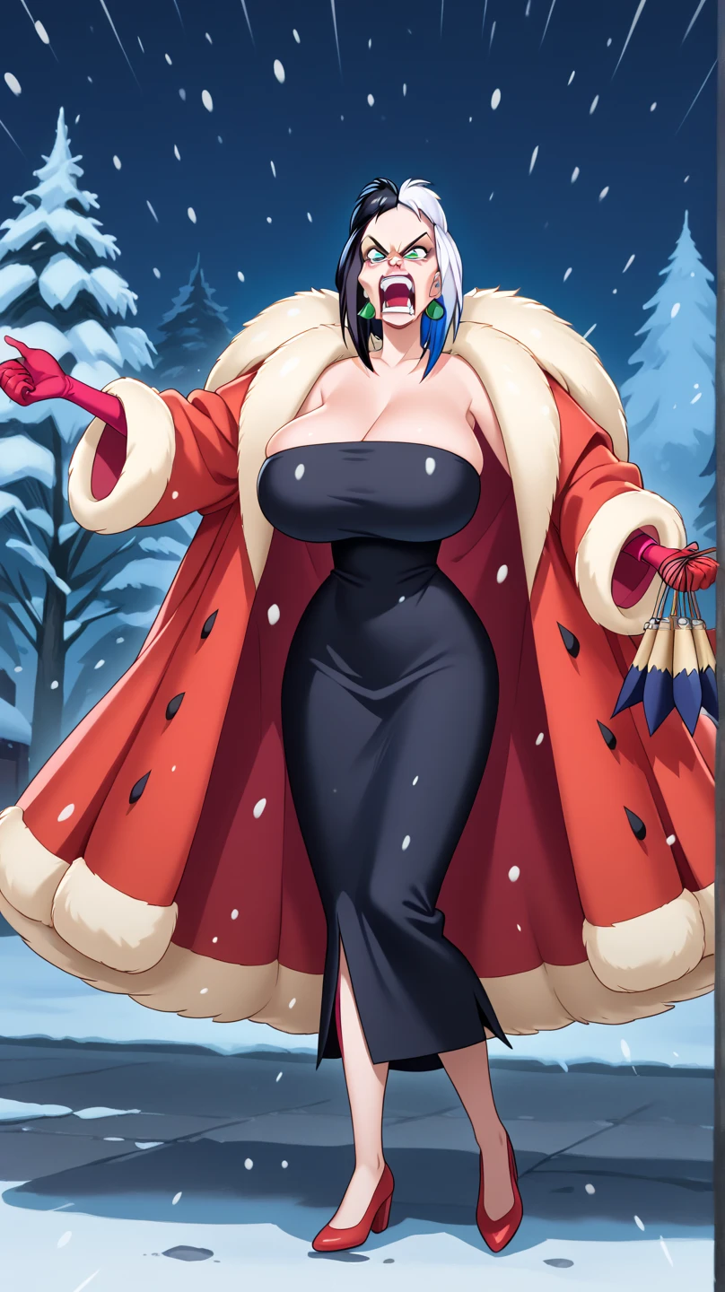 (solo), happiness, Ultra-detailed, vibrant colors, snowfield, snow, (lonesome cold (winter night) background), darkness, pine forest, silk curtains, falling petals, arrogant 1girl, mature female, queen mother, very mean, cruel, (wicked smirk), large breasts, cleavage, tall, big ass, slim thick, small waist, (pink silk dress), ribbon, handbag, purse, long (dark blue) hair, luxurious jewelries, expensive necklaces, pearls, pendants, bracelets, earrings, (crown), (red glowing eyes), (looking down at viewer), hair ribbon, hair flower, Photorealistic, (from below), (depth of field), cinematic lighting, close-up, masterpiece, (anatomically correct)