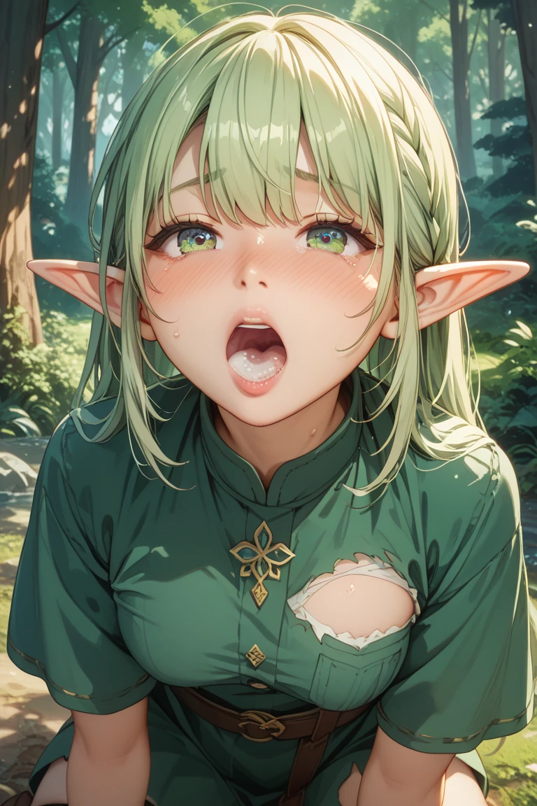 score_9, score_8_up, score_7_up, source_anime, best quality, masterpiece, official art, absurdres, highres, ultra-detailed,waifu2x,Collection: Slice of Life,break,1girl, elf, short hair, slender, androgynous, small breasts, beautiful detailed eyes, (nipple:0.6), sweat, saliva, (yawn:0.5),blush, penis, twitching penis, oral sex, felatio, cum, motion lines,projectile cum, facial, bukkake, hot breath, sound effects, outdoors, forest,break,(clear line illustration:1.2), super detailed skin,very high resolution, very aesthetic, Best sexual lighting powered by famous artist, 8k,cute picture,beauty illustration,photoshop_(medium),,(Detailed Lighting),best anime 8k konachan wallpaper, pixiv contest winner, 