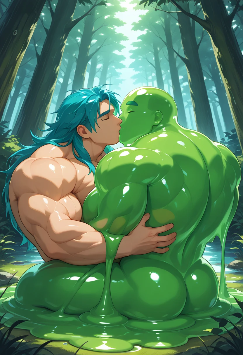 (2male),big bulge,tenting,man ie down back on black slime,slime,standing in black slime tentacles,(((human head:male,bara face,short hair:brown,melting:1))),(in black slime rubber suit,rubber suit:1.5 ),(black slime room backgrounds:2 ),(by ross ,by null-ghost, by thebigslick, by darkgem, by honovy)