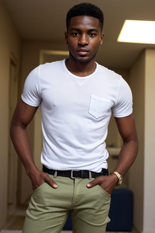 negro man standing, smiling, soft light