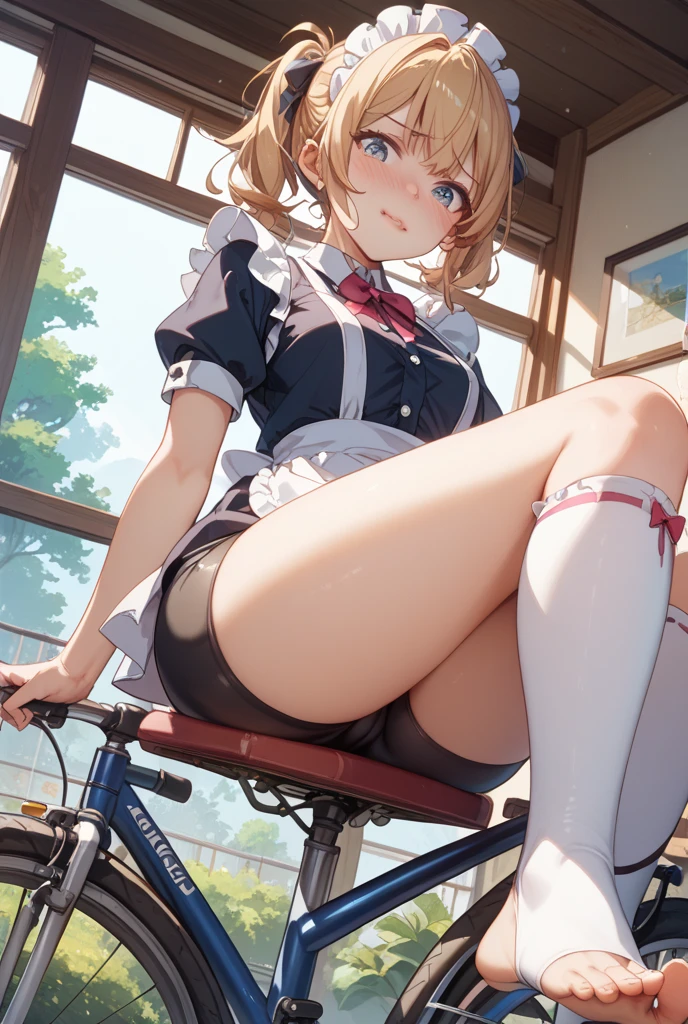 (8k、Highest quality、highest quality、masterpiece)、Detailed face、One girl、blondes、 ((Brown skin:1.4))、blondes、short hair、Grey Eyes、blush、Embarrassing、Embarrassed、tough、painful、Open your mouth、big breasts、((naked pussy)、Full body portrait、Skirt Lift、mini skirt、White dress、White knee-high socks、black strap shoes、pussy big dildo、masturbation、Big ribbon on head、fellatio、on the train、take a train