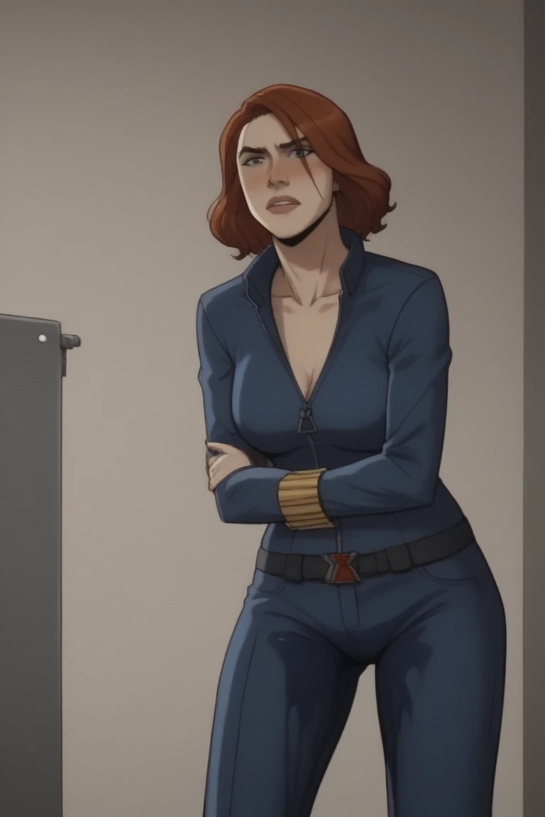 Clay Mann, woman, solo, detective clothes, smolking cigarette, covered nipples, holsted gun, red hair, bob cut, short hair, indoors, police station, detailed, masterpiece, absurdres, best quality, cowboy shot