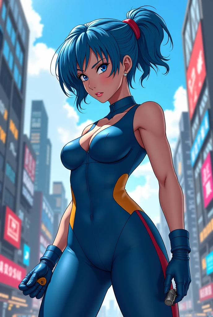 1girl, city backdrop, anime superhero, (leotard, gymnast_outfit leotard), boots, bracelets, hand on hip