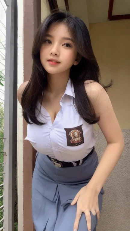 Beautiful 18 Years Old , Gigantic Large Breast , Cleavage , Sleeveless , ((Wearing High School Uniform)) , High School Skirt , Kayes , Indonesian Influencer , Sit On Table In Classroom , Modern Futuristic Classroom , Take Selfie , ((Face Focus)) , ((Centre:1.1)), ((Symetric Picture:1.1)) , ((Blonde Hair:1.1)) , Extremely Detailed , ((Bokeh:1.1))